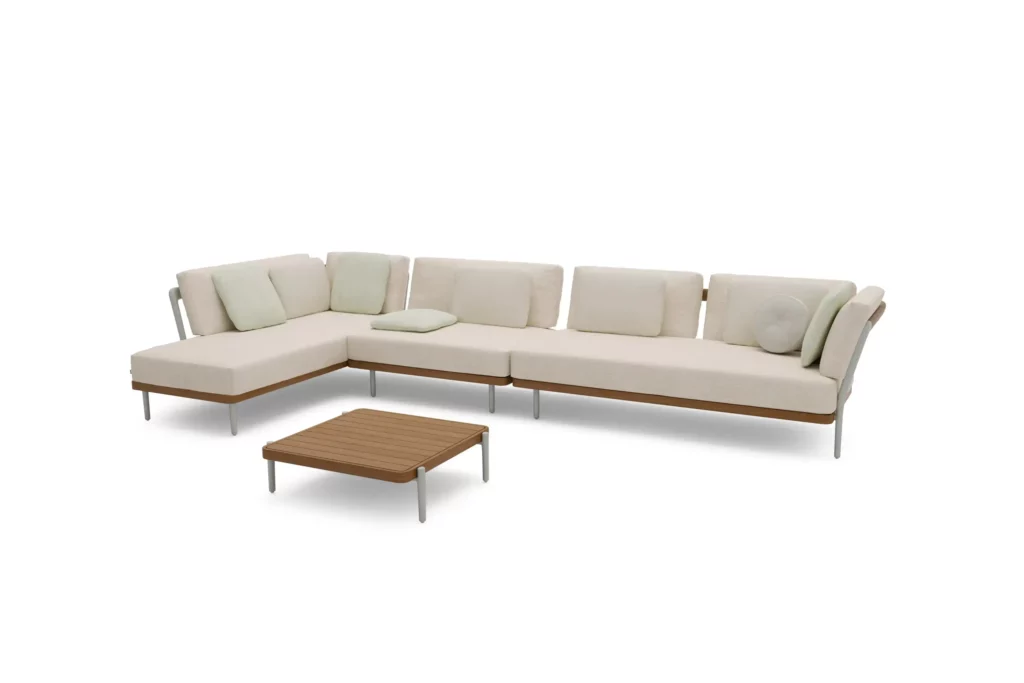 Sofa ogrodowa modułowa i stolik kawowy z kolekcji Flows marki Manutti Sunro Meble ogrodowe