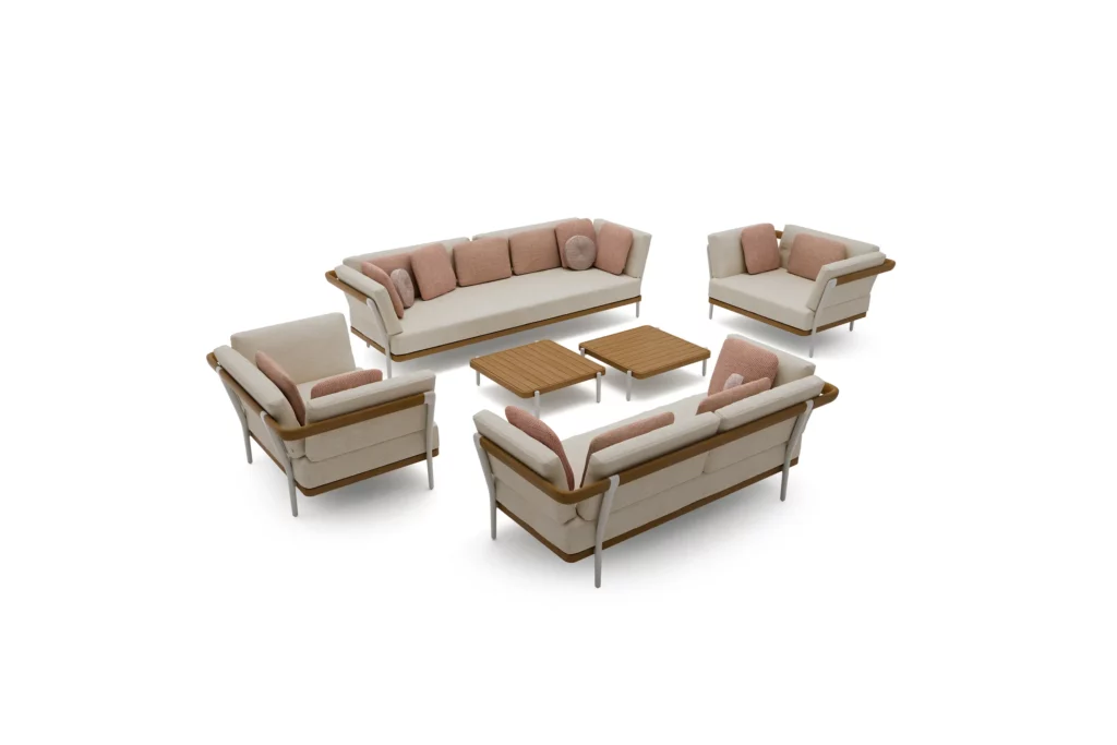 Zestaw mebli ogrodowych, sofa, fotel i stolik kawowy, z kolekcji Flows marki Manutti Sunro Meble ogrodowe